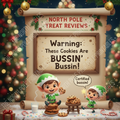 Two elves enjoying cookies with the viral catch phrase BUSSIN in a festive setting with Christmas trees and decorations.
