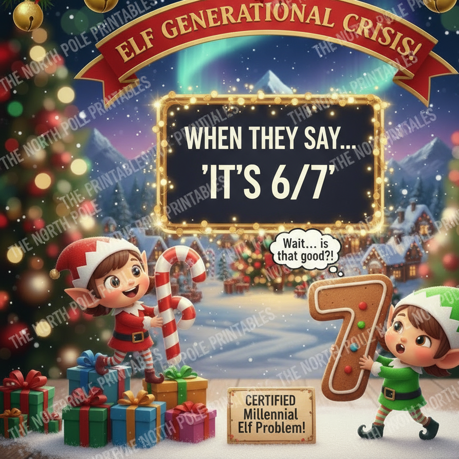 Christmas-6-7 themed image with elves and holiday decorations, featuring text about an 'Elf Generational Crisis'.