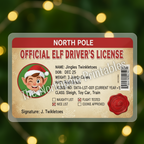 Elf driver's license with festive background