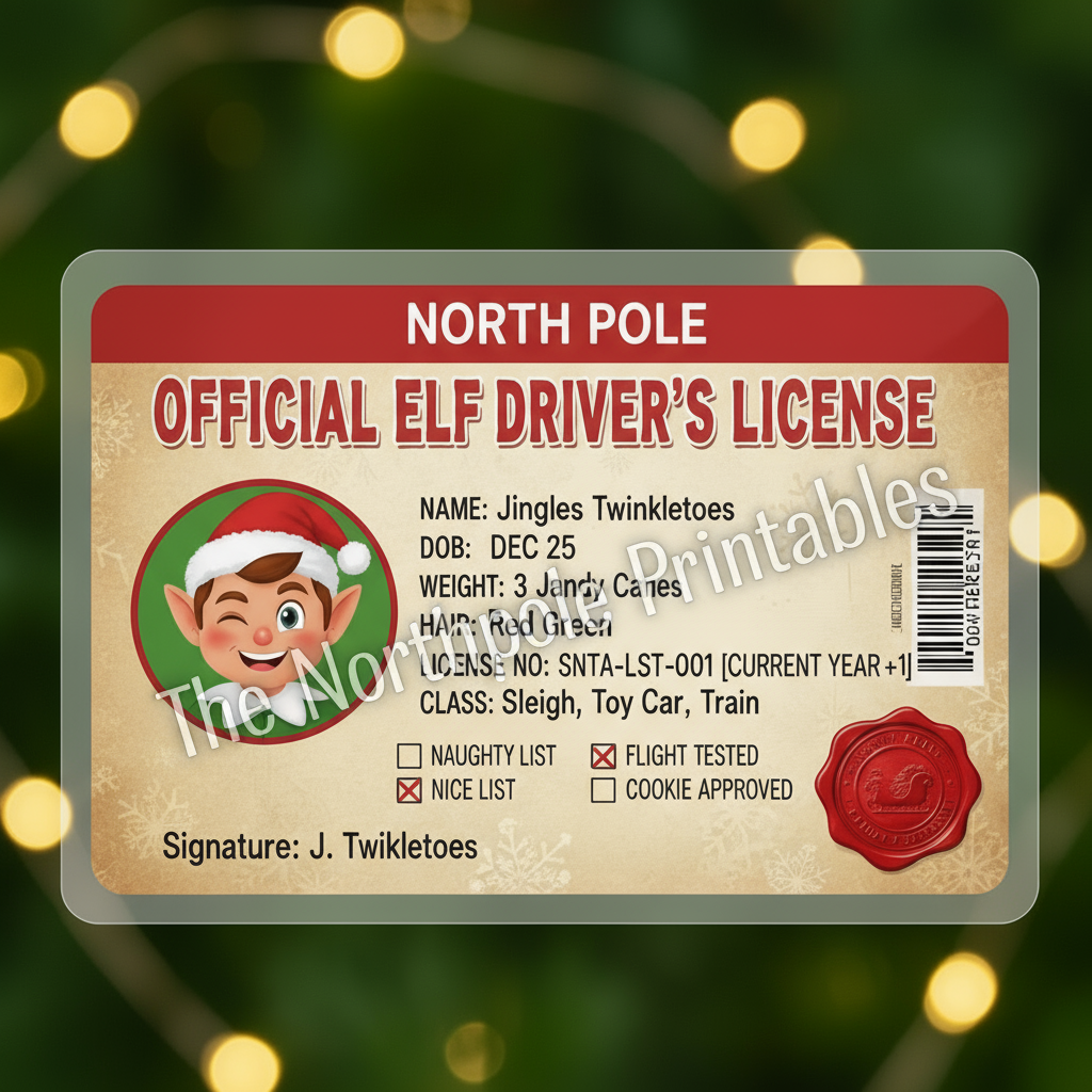 Elf driver's license with festive background