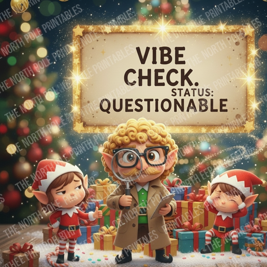 Cartoon characters in festive attire with a Christmas tree and presents, featuring text 'Vibe Check. Status: Questionable'.