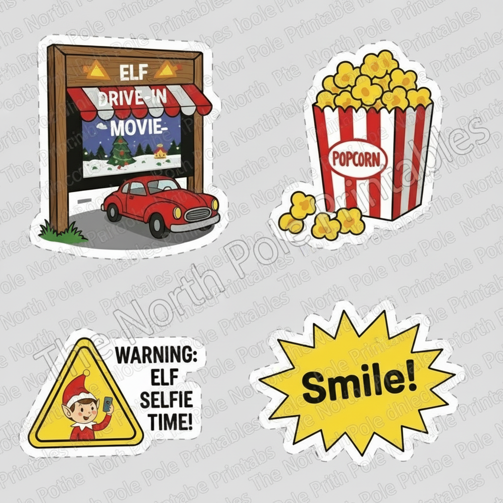 Set of stickers featuring a drive-in movie scene, popcorn box, elf selfie time warning, and smiley face on a gray background.