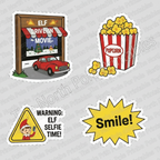 Set of stickers featuring a drive-in movie scene, popcorn box, elf selfie time warning, and smiley face on a gray background.