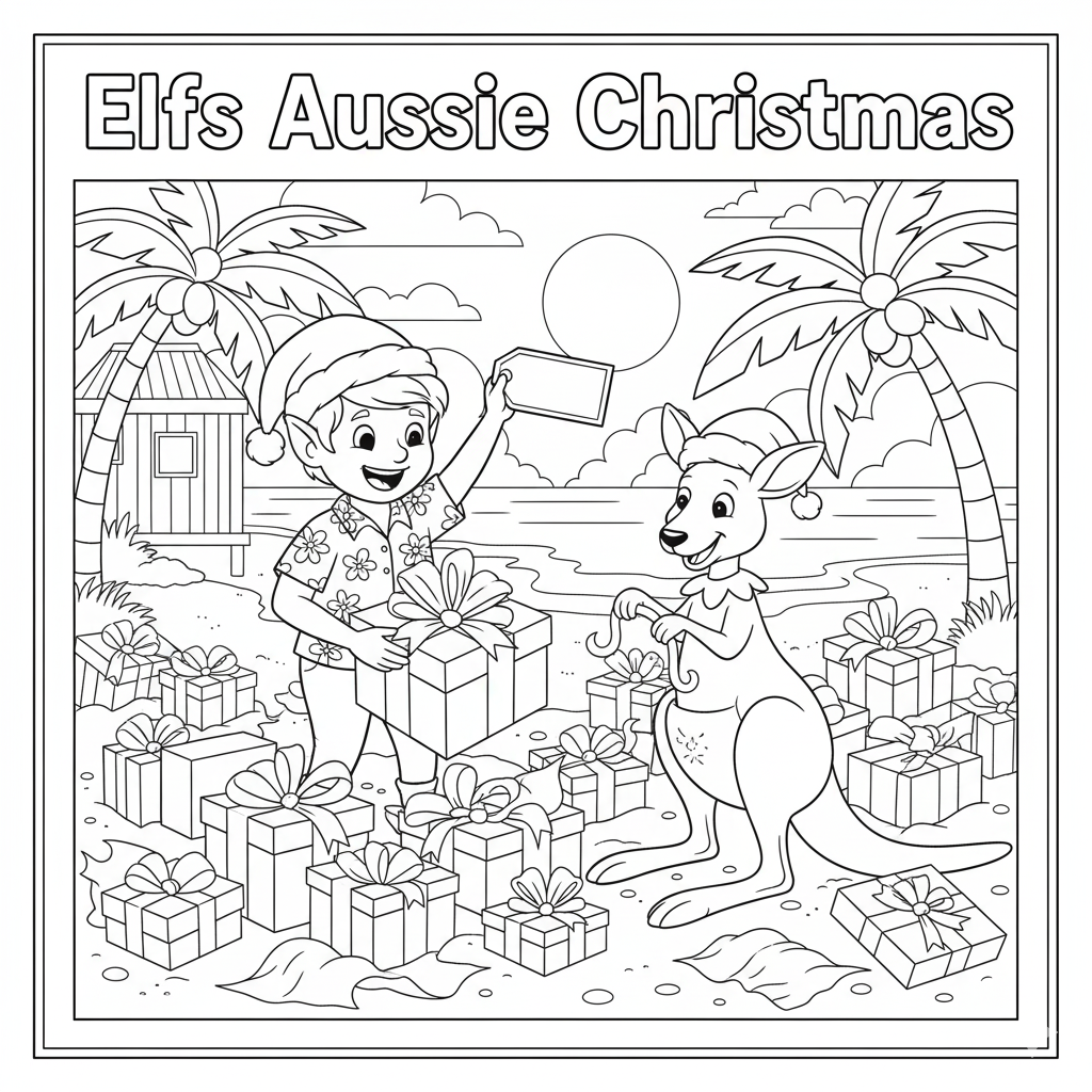 Coloring page with an elf and kangaroo surrounded by presents in a tropical setting.