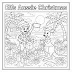 Coloring page with an elf and kangaroo surrounded by presents in a tropical setting.