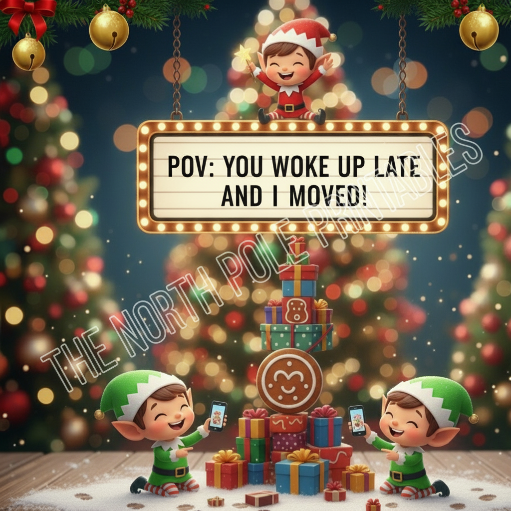Christmas-themed scene with elves and a sign saying 'POV: You woke up late and I moved!' against a festive background.