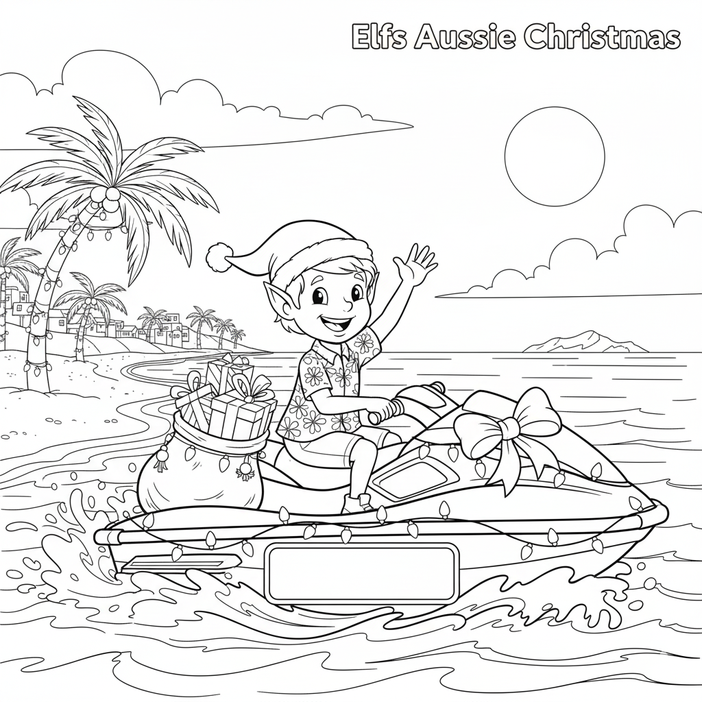 Coloring page of an elf on a jet ski with Christmas presents, set against a tropical beach background.