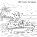 Coloring page of an elf on a jet ski with Christmas presents, set against a tropical beach background.