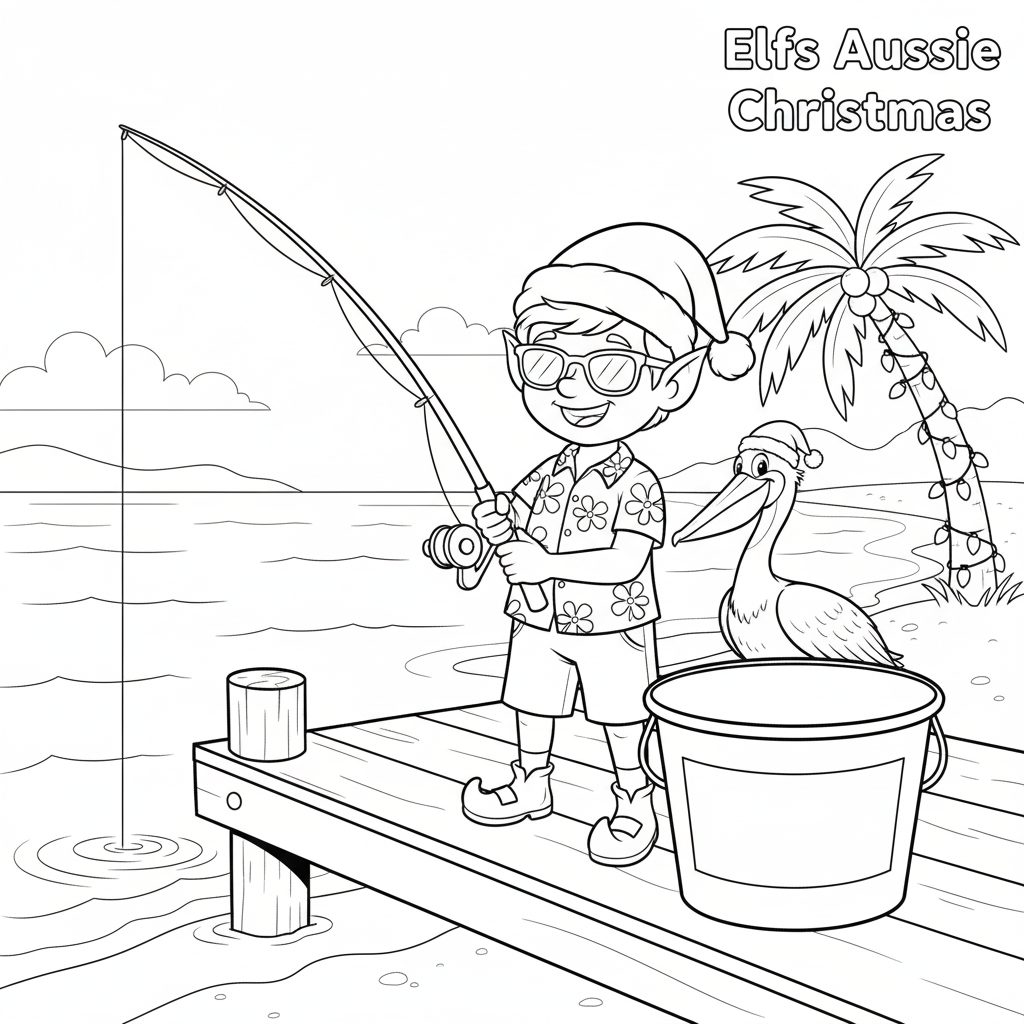 Coloring page of a elf fishing with a pelican on a dock, featuring 'Elfs Aussie Christmas