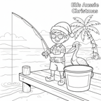 Coloring page of a elf fishing with a pelican on a dock, featuring 'Elfs Aussie Christmas