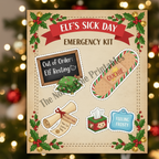 Elf's Sick Day Emergency Kit with cartoon illustrations on a festive background