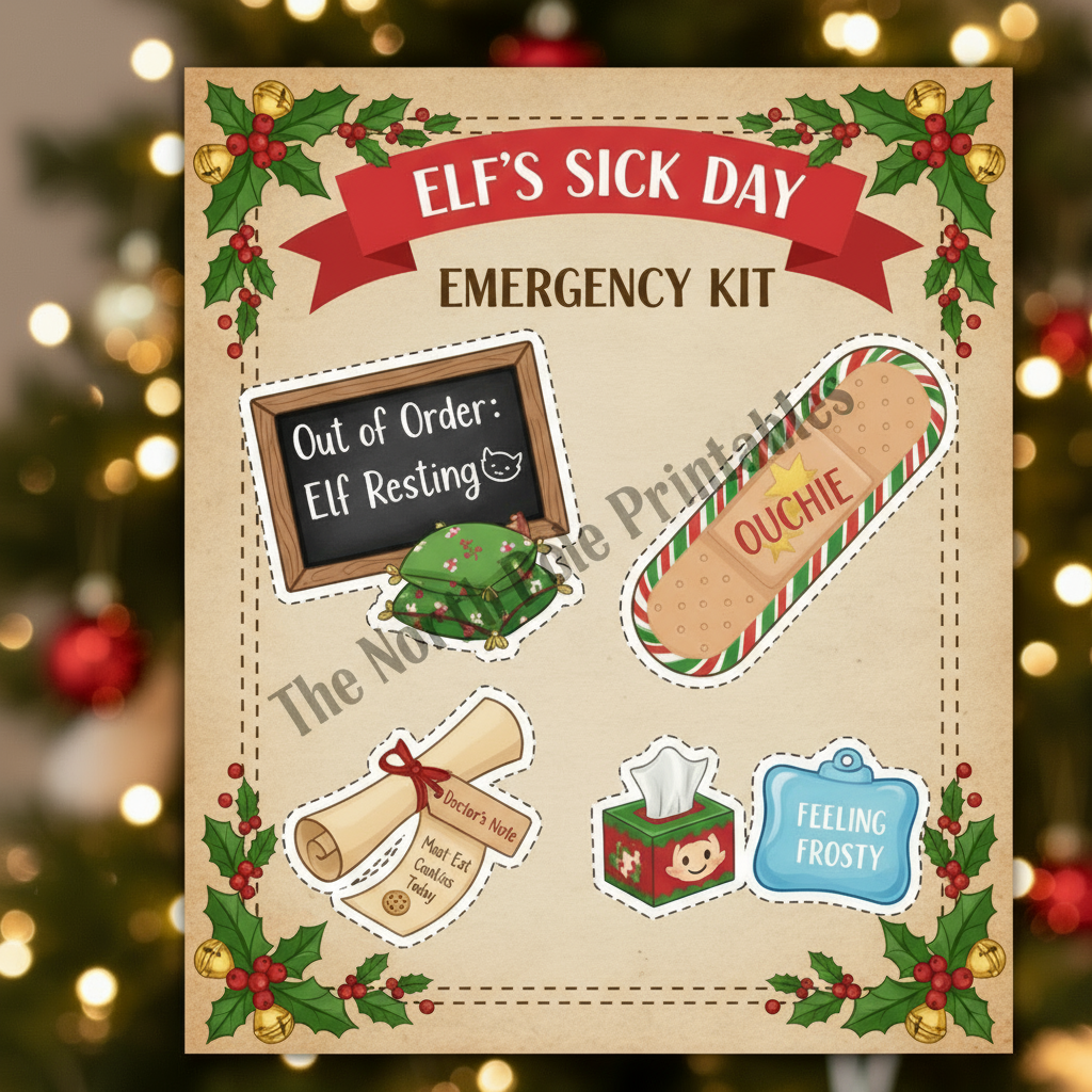 Elf's Sick Day Emergency Kit with cartoon illustrations on a festive background